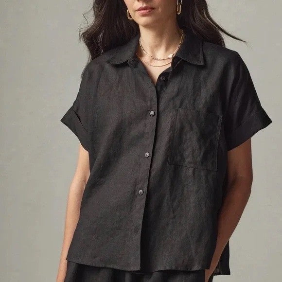 American Giant Black Linen Short Sleeve Button Up Shirt Women's XS