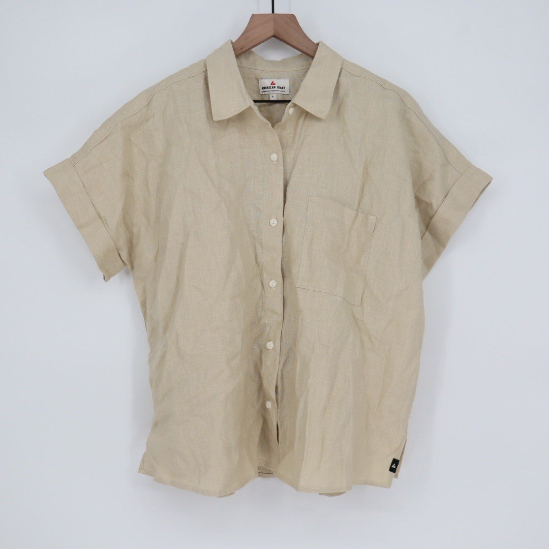 American Giant Linen Button Up Shirt Khaki Tan Short Sleeve Collared Size L
