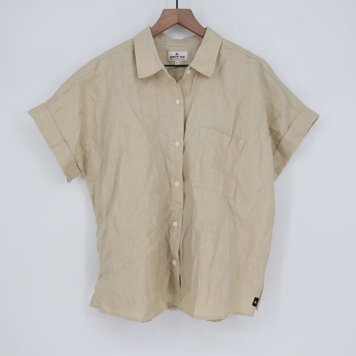 American Giant Linen Button Up Shirt Khaki Tan Short Sleeve Collared Size L