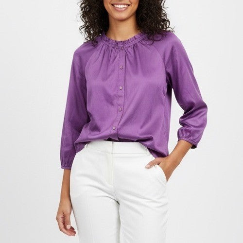 BCBGMAXAZRIA Purple Silk Blend Ruffle Neck Button Front Blouse Top Size S