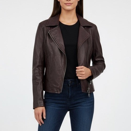 Weekend Max Mara Womens Leather Moto Jacket Burgundy Asymmetrical Zip Moto Style