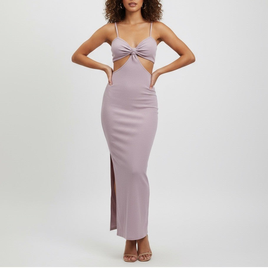 FORE Lilac Cutout Midi Dress, Ribbed Bodycon Dress, Sleeveless XS