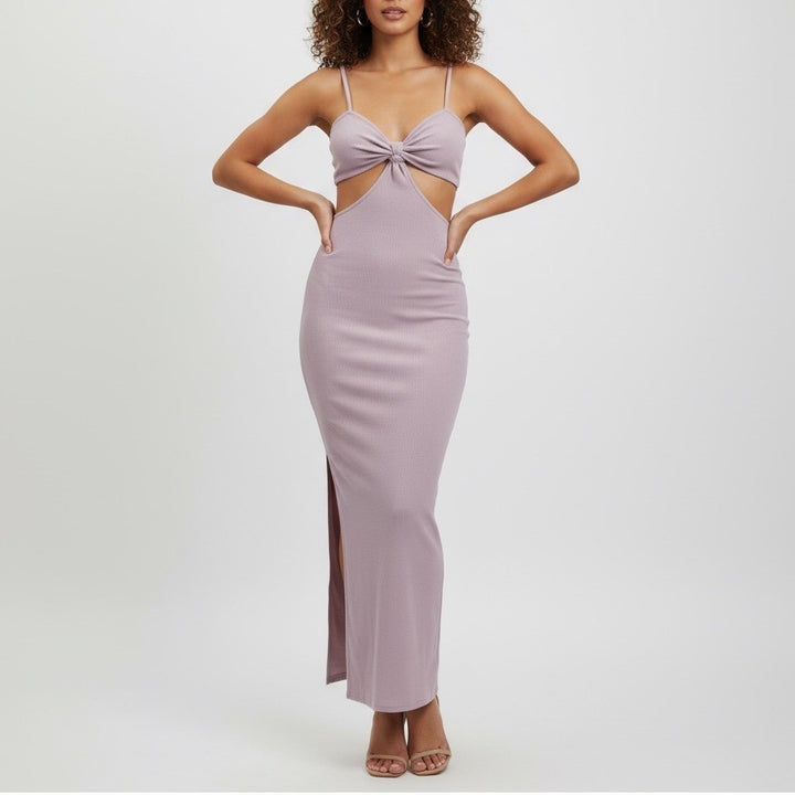 FORE Lilac Cutout Midi Dress, Ribbed Bodycon Dress, Sleeveless XS