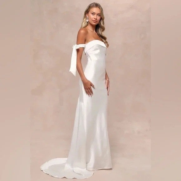 Lulus Eternally Loved White Cutout Satin Off-The-Shoulder Maxi Dress Size L