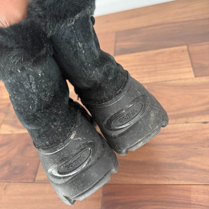 Sorel Boots Womens Size 8 Black Snow Angel Suede Faux Fur Cuff Waterproof Winter
