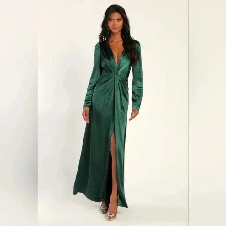 Lulus Endearing Elegance Emerald Green Satin Long Sleeve Maxi Dress Size 3X
