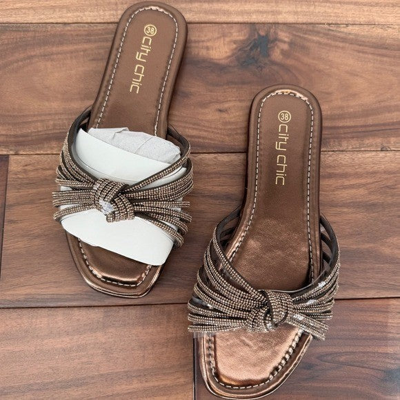 City Chic Bronze Embellished Knot Detail Slide Sandals Women's Size 7W