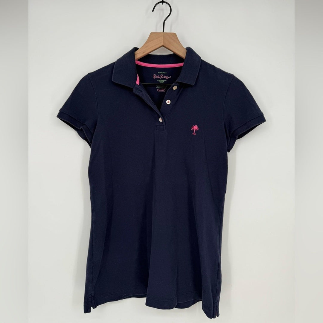 Lilly Pulitzer Short Sleeve Island Polo Shirt Women's S Blue Palm
