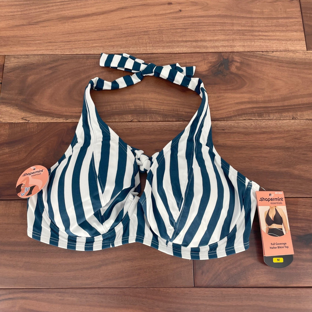Shapermint Essentials Full Coverage Halter Bikini Top Navy White Stripe Size M