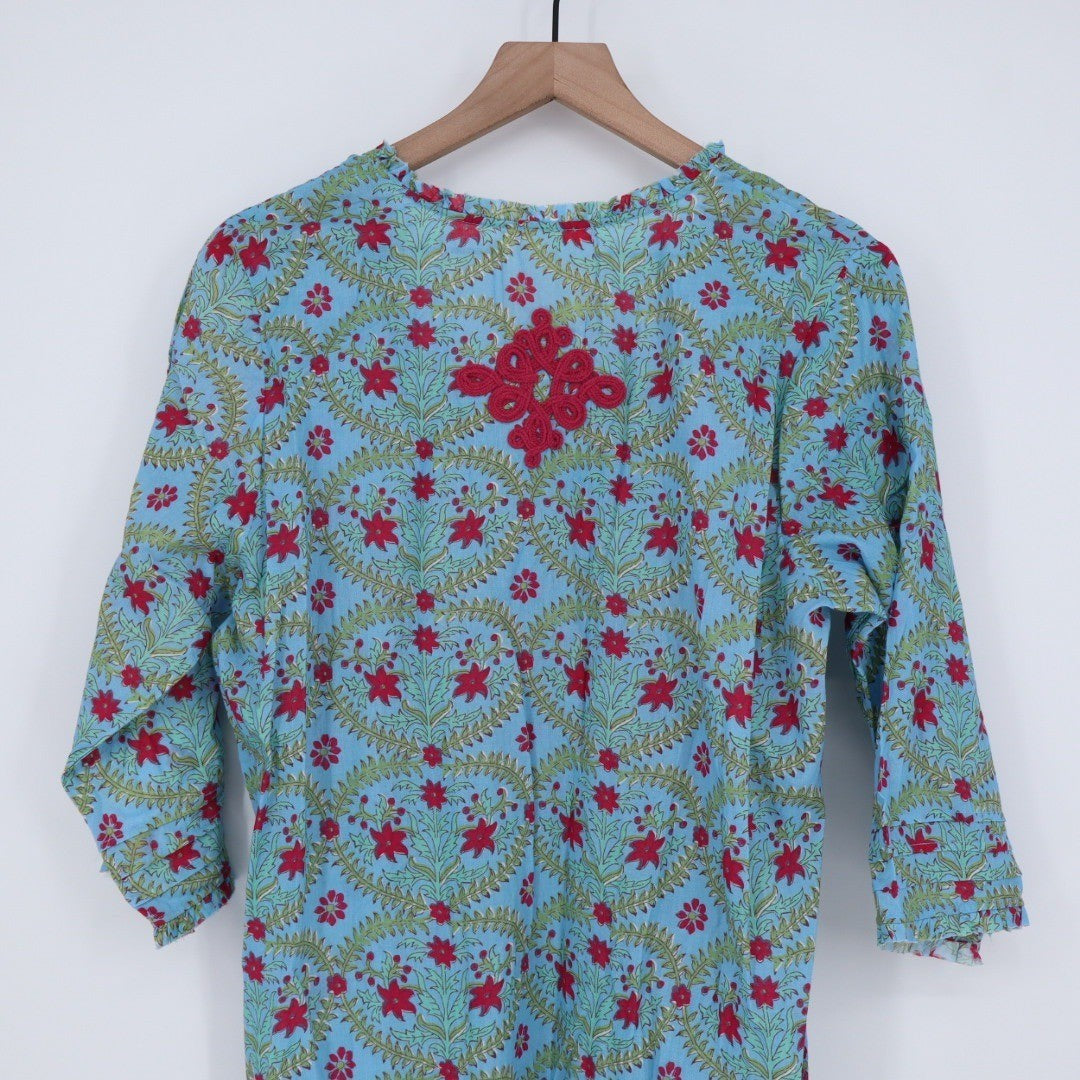 Gallabia Urban Casual Kaftan Dress Blue Red Floral Print XL