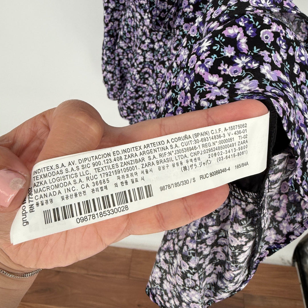 ZARA Floral Print Long Sleeve Wrap Dress Purple Black Size S