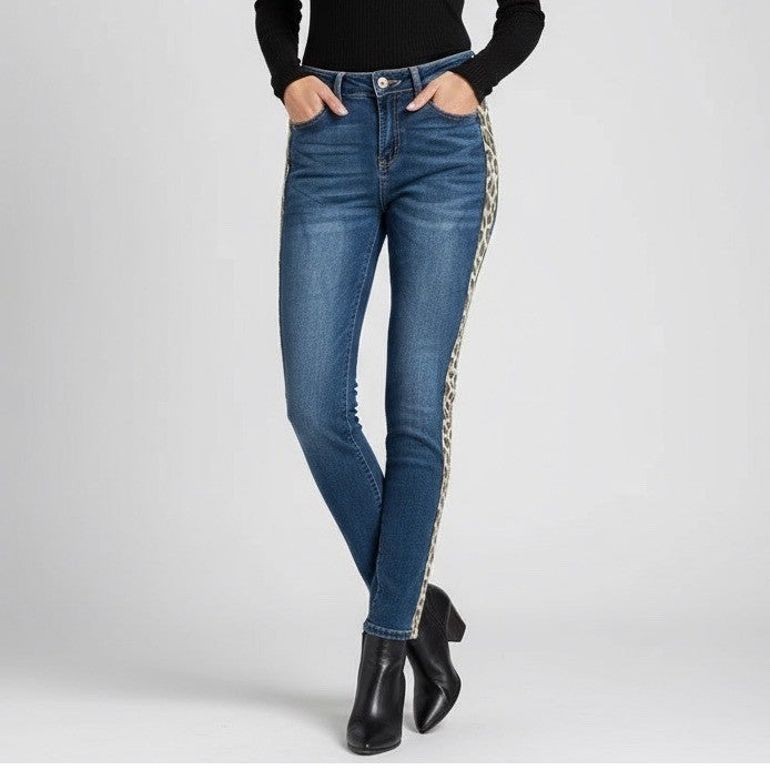 Judy Blue Jeans Womens 7/28 Blue Denim Logo Skinny Leg Leopard Print Side Stripe