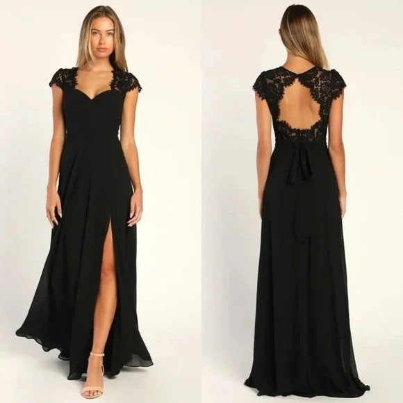 Lulus Momentous Moments Black Lace Backless Maxi Dress Size L