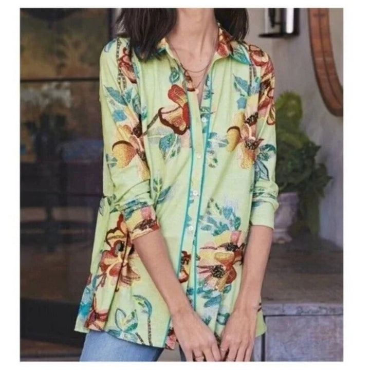 Soft Surroundings Elana Green Tropical Floral Button Tunic Top Size PL