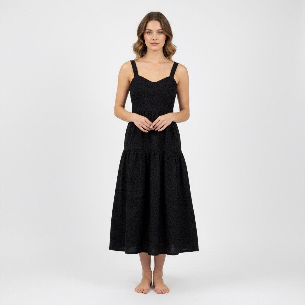 Chelsea 28 Black Textured Jacquard Tiered Midi Dress Size XS