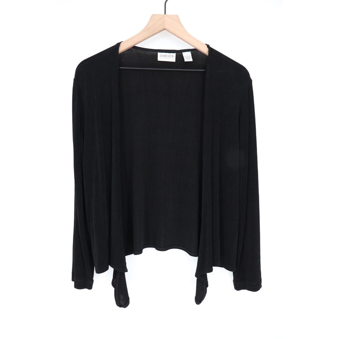 Chicos Travelers Black Open Front Cardigan Sweater Tie Hem Size 1
