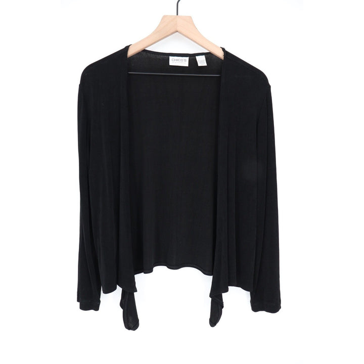 Chicos Travelers Black Open Front Cardigan Sweater Tie Hem Size 1