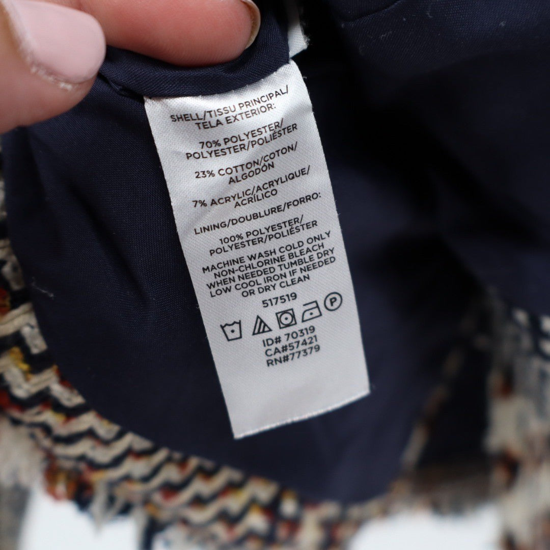 ANN TAYLOR Houndstooth Tweed Fringe Blazer Jacket Navy Cream Red Size 4