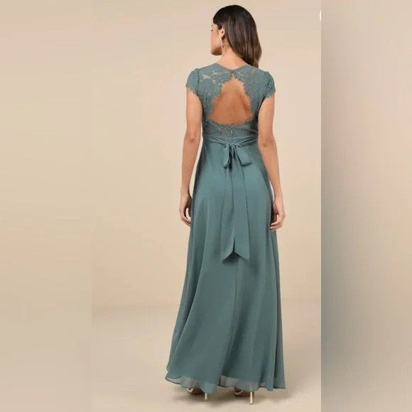 Lulus Momentous Moments Dark Green Lace Blackness Maxi Dress Size M