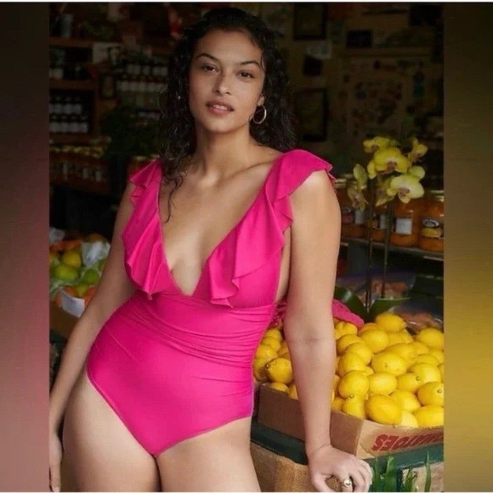 J.Crew Ruffle Plunge One-Piece Swimsuit Ruched Size 6