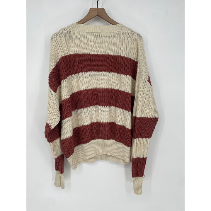 Favlux Fashion Cream Rust Striped Crew Neck Sweater Size L Acrylic Chunky Knit