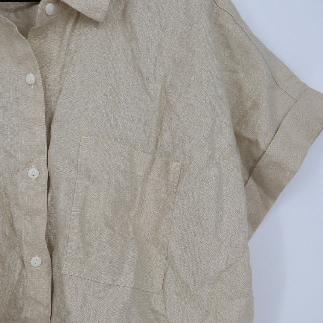 American Giant Linen Button Up Shirt Khaki Tan Short Sleeve Collared Size L