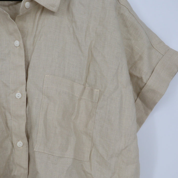 American Giant Linen Button Up Shirt Khaki Tan Short Sleeve Collared Size L