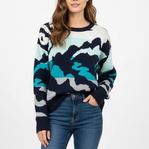 JOHN JENN Abstract Print Crewneck Sweater XS Navy