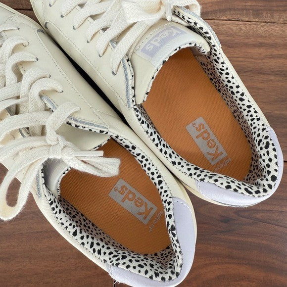 Keds Cream Leather Sneakers with Orange Stripe & Leopard Print Accent