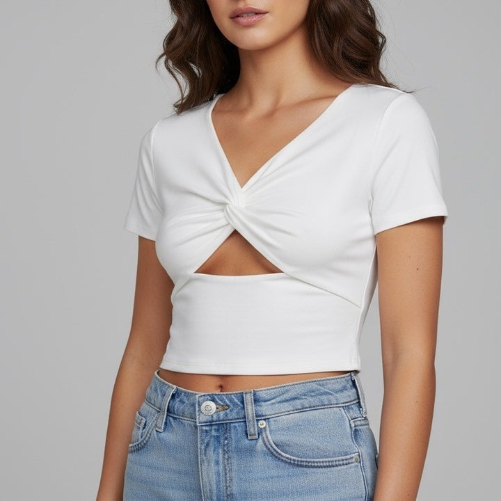 FORE Off White Twist Front Cutout Short Sleeve Crop Top Tee