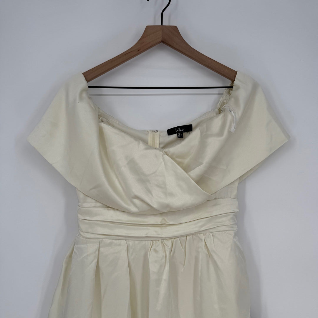 Lulus Always Celebrating Ivory Satin Off-The-Shoulder Mini Dress Size M