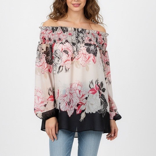 White House Black Market Off The Shoulder Floral Smocked Blouse Top Size L