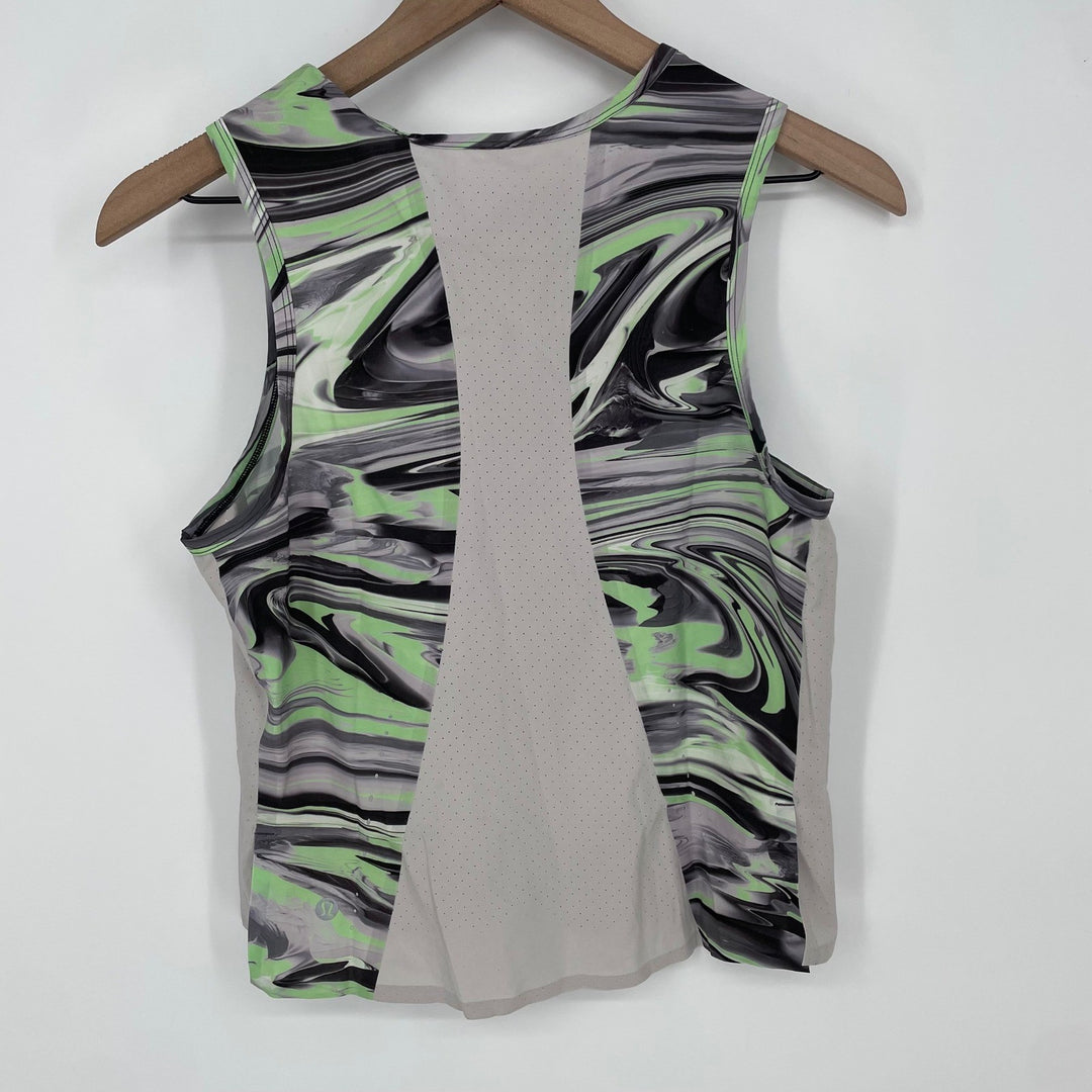 Lululemon Athletic Tank Top Abstract Swirl Green Black White Mesh Back Size M