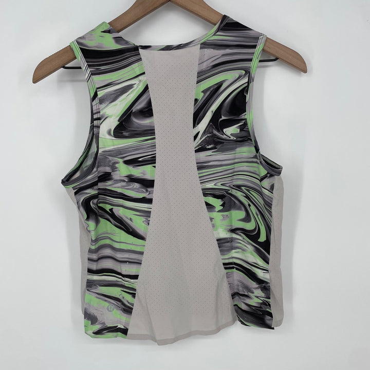 Lululemon Athletic Tank Top Abstract Swirl Green Black White Mesh Back Size M