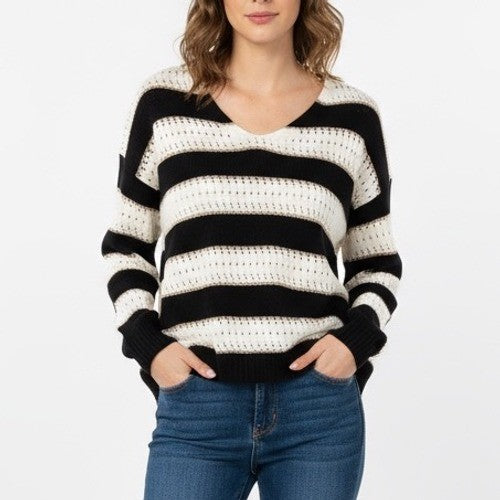 Striped Open Knit Sweater V Neck Black Cream Lightweight Size L