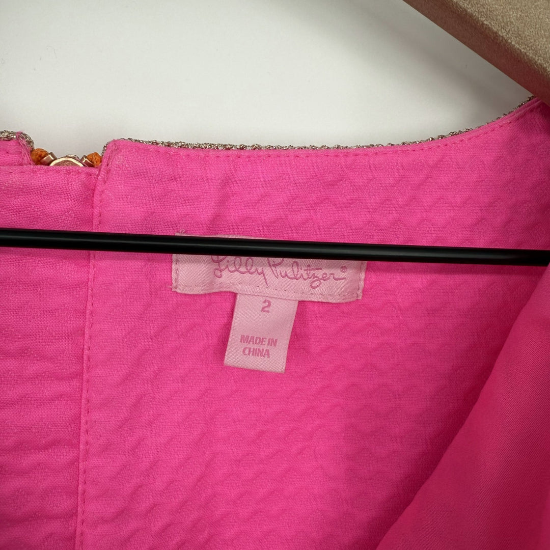 Lilly Pulitzer Gabby Shift Dress Womens 2 Pink Cotton Floral Split Neck Back Zip