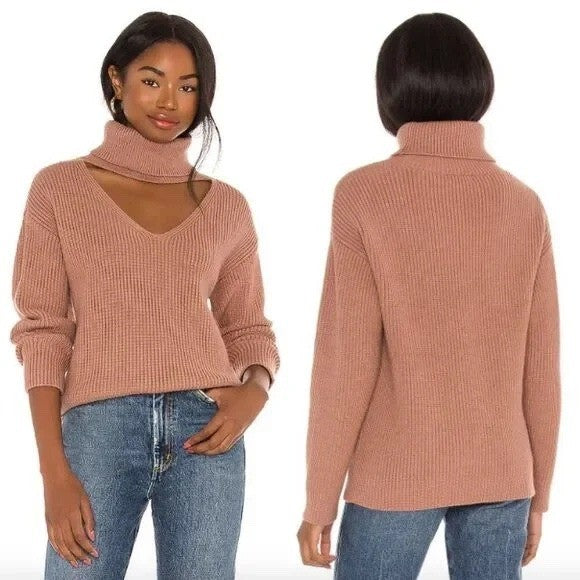 Lovers + Friends Tove Sweater in Camel Cutout Turtleneck Ribbed Knit Pullover S