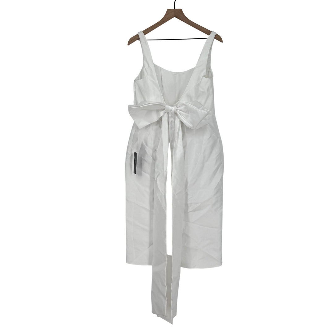 Alfred Sung Scoop Neck Corset Satin Midi Dress With Floor-Length Bow Tails White