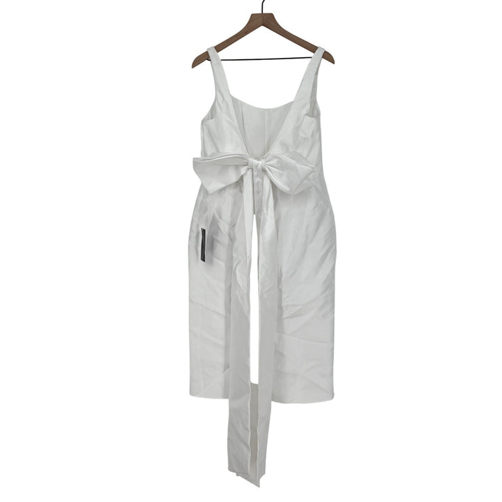 Alfred Sung Scoop Neck Corset Satin Midi Dress With Floor-Length Bow Tails White