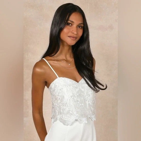 Lulus Exquisite Posture White Floral Embroidered Tiered Jumpsuit Size S