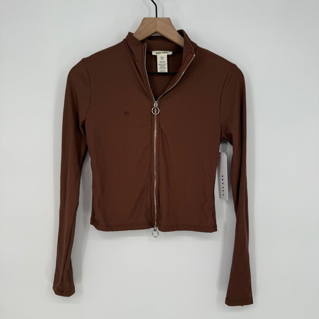 Shosho Brown Ribbed Zip Up Mock Neck Long Sleeve Crop Top Size S