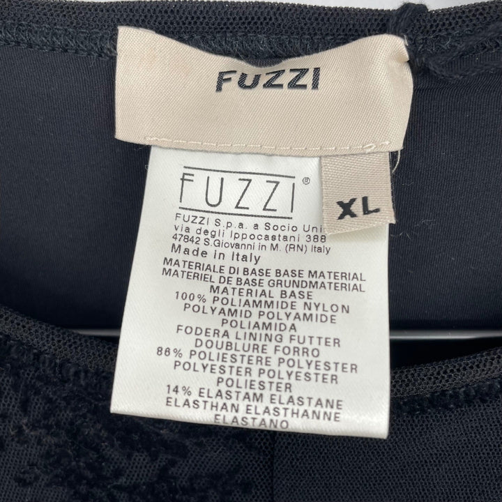 FUZZI Black Lace Sheer Sleeve Midi Dress XL Made Italy Asymmetrical Ruffle