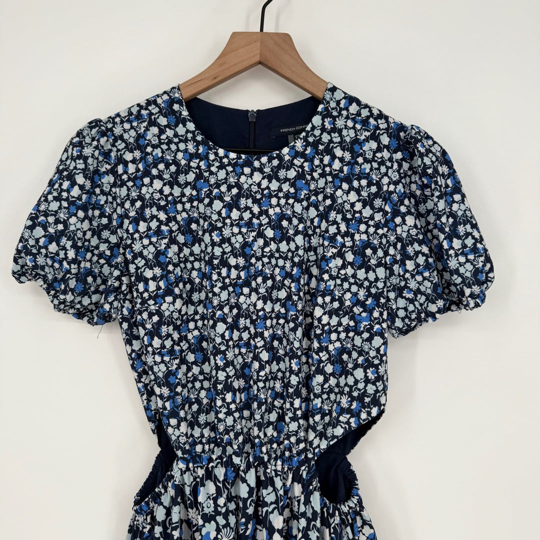 French Connection Floral Cutout Ruffle Dress Navy Blue XS 4 Puff Sleeve