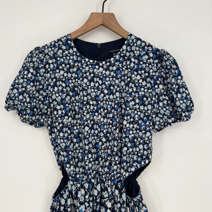 French Connection Floral Cutout Ruffle Dress Navy Blue XS 4 Puff Sleeve