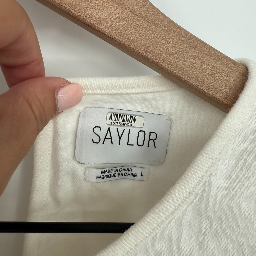 Saylor Nautical Harriette Denim Top Women Large White Cotton Ruffle Keyhole Back