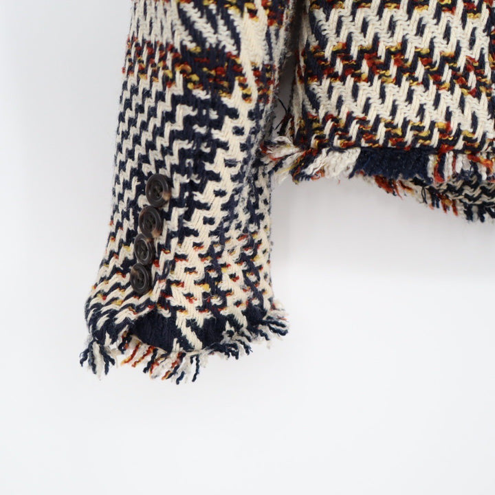 ANN TAYLOR Houndstooth Tweed Fringe Blazer Jacket Navy Cream Red Size 4
