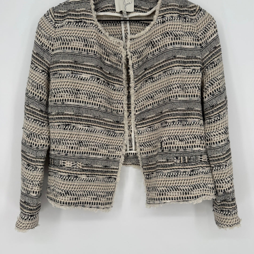 Joie Tweed Collarless Jacket Textured Fringe Open Front XS