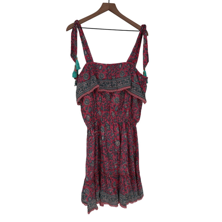 ALICIA BELL Floral Print Tassel Tie Shoulder Dress XL Red Blue Silk Cotton