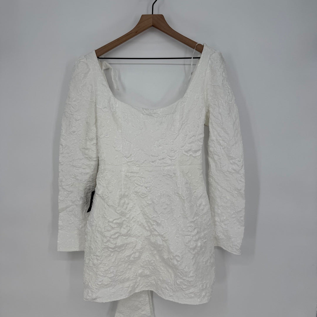 Lulus Elevated Icon White Jacquard Long Sleeve Bow Mini Dress Size M