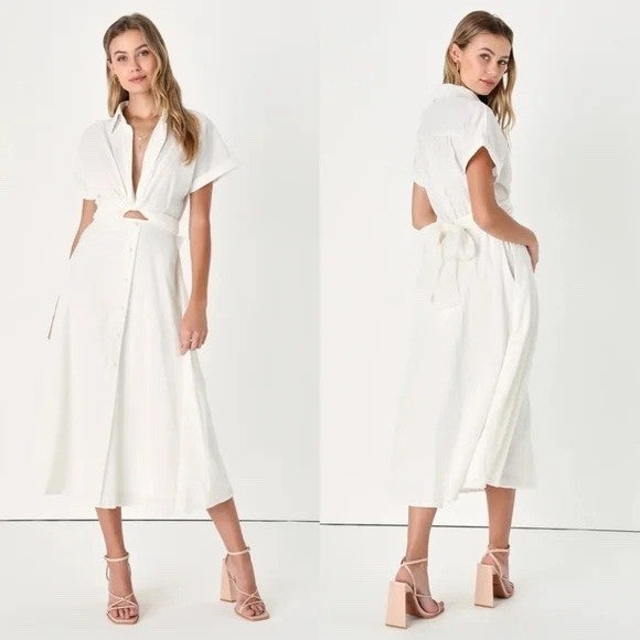 Lulus Palermo Perfection White Collared Midi Dress With Pockets Size S